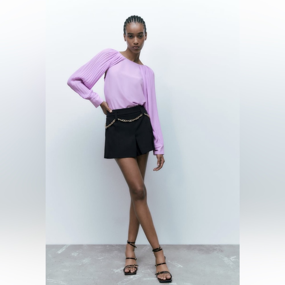 Women Zara Lilac Pleated Cape Sleeved Blouse Size Large